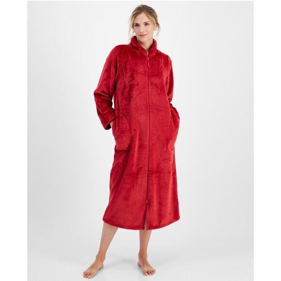 Charter Club Women's Long Plush Zip-Front Robe, Color-Red, M 2-way zipper - Picture 1 of 3